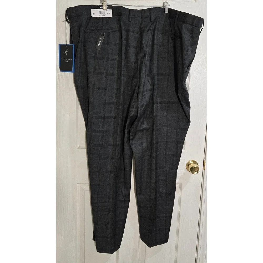 Shaquille O'Neal XLG Mens Grey Plaid Stretch Dress Pants 52W x 32L ONYXPF2AB140